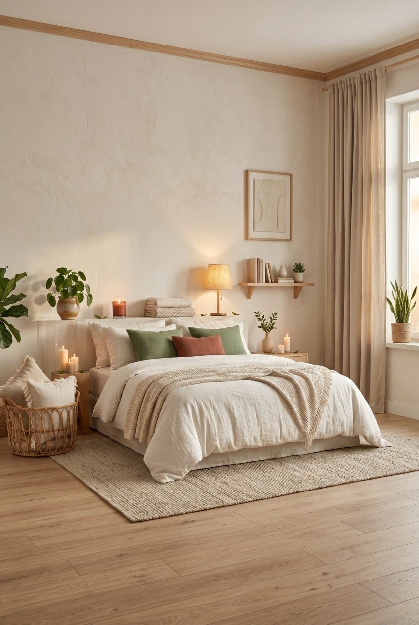 Quarto em tons terrosos com roupa de cama verde-campo e luz quente